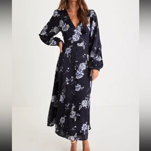Lulu's Navy Floral Long Sleeve Midi Dress